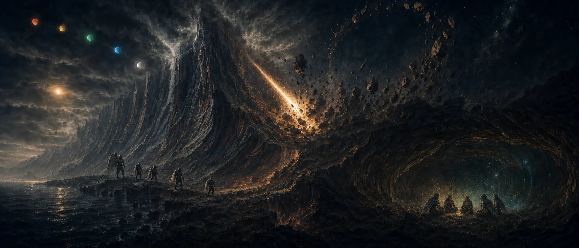 色の異なる惑星を望む巨大高地の時代から、高地を砕く隕石衝突、地下で音による伝達を築く暗闇の時代へ続く創世物語
